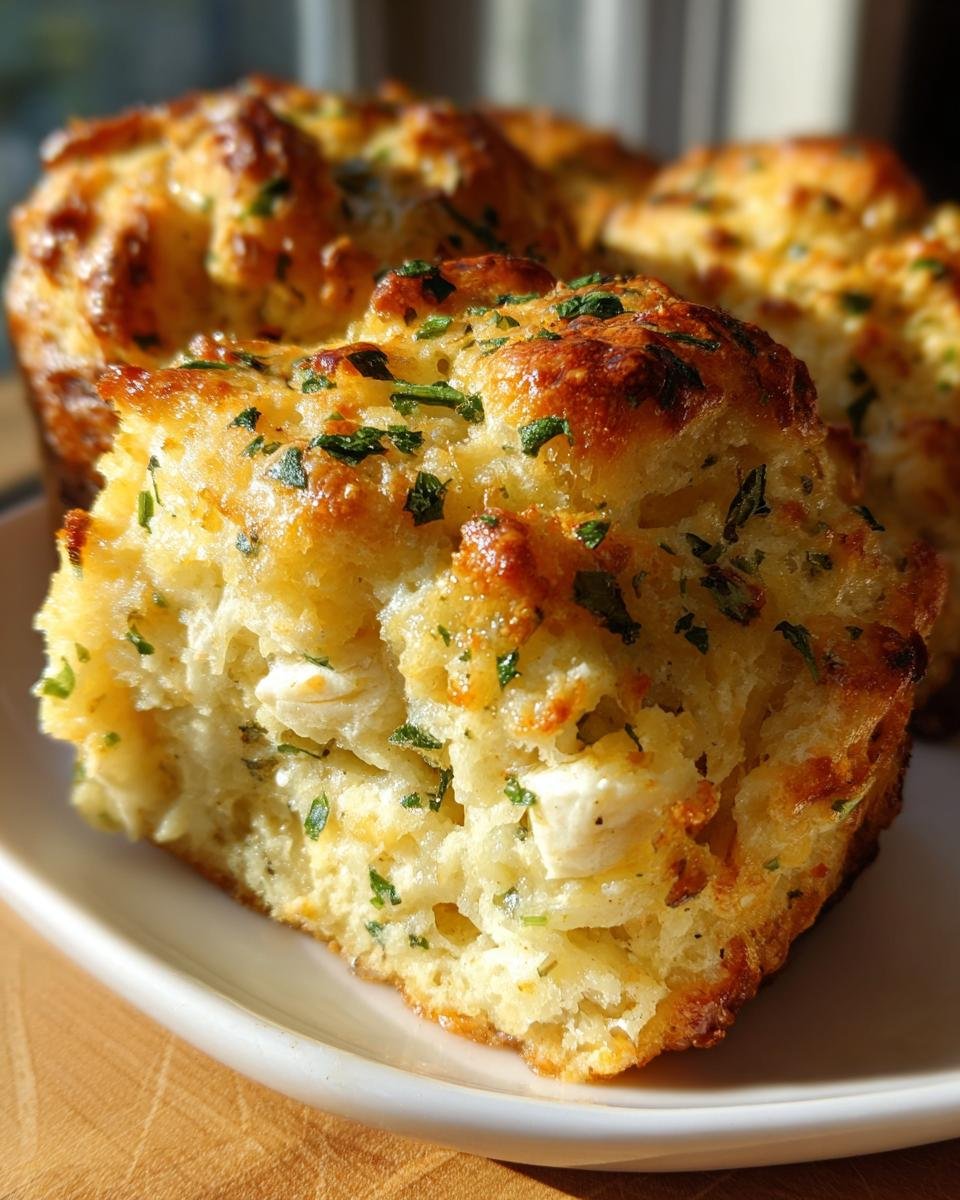 A close-up of a golden brown Cheddar Bay Biscuit Seafood Pot Pie topping, sprinkled with herbs.