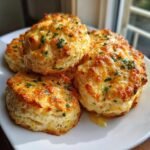 A stack of freshly baked, golden Cheddar Bay Biscuits topped with melted butter and chopped parsley.