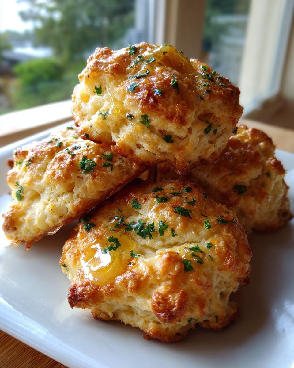 A stack of freshly baked Cheddar Bay Biscuits glistening with melted butter and sprinkled with parsley.