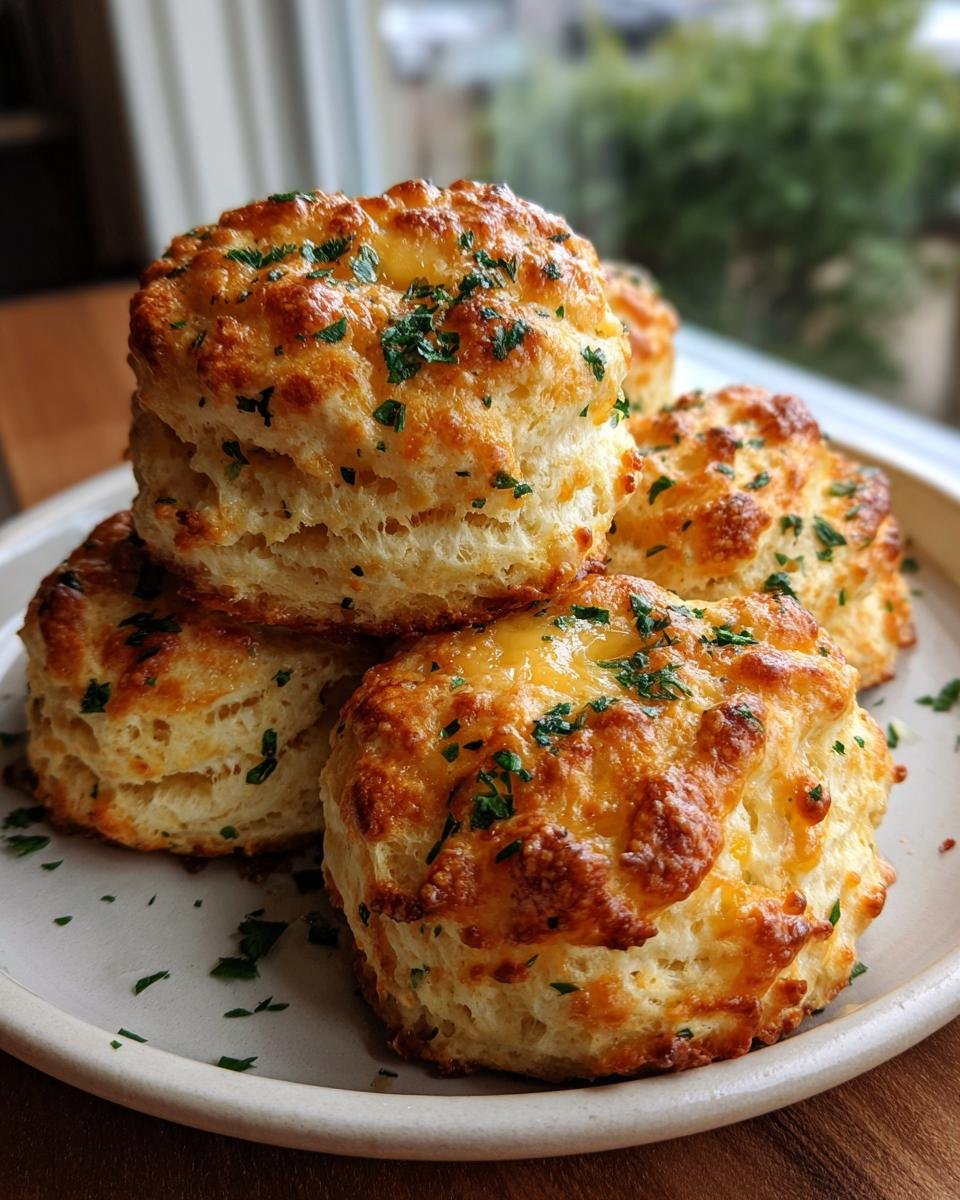 A stack of freshly baked Cheddar Bay Biscuits topped with melted cheese and chopped parsley.