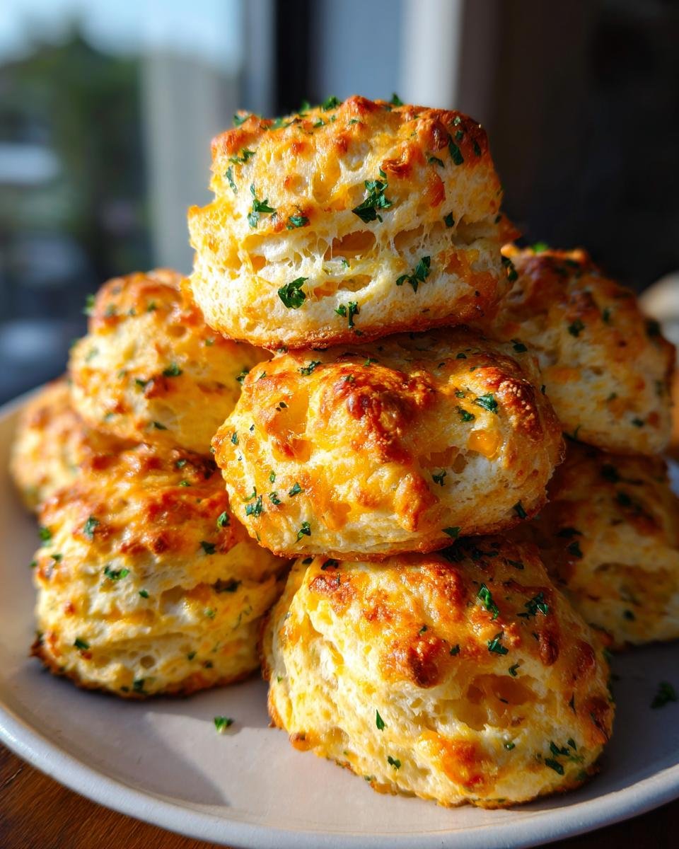 A tempting stack of freshly baked Cheddar Bay Biscuits, golden brown and topped with chopped parsley.