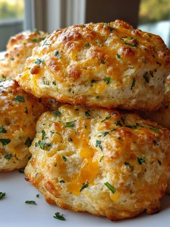 A stack of five golden, fluffy Cheddar Bay Biscuits topped with melted cheddar cheese and fresh parsley.