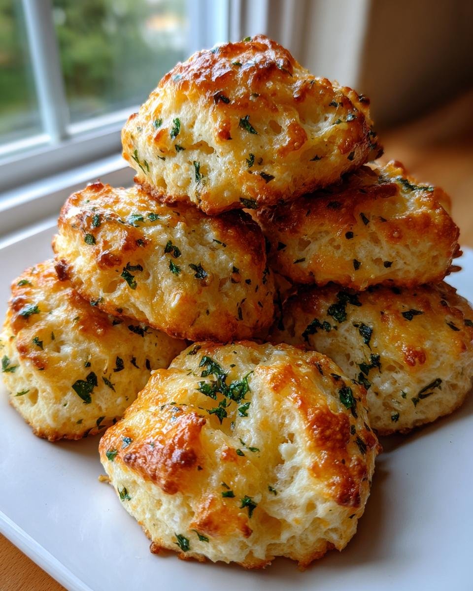 A stack of freshly baked Cheddar Bay Biscuits topped with melted cheese and chopped parsley.