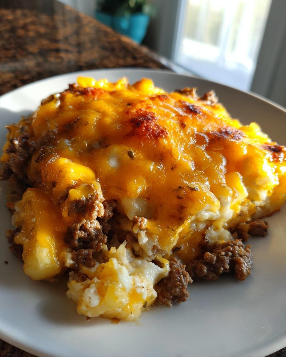 Close-up of a serving of Cheeseburger French Fry Casserole topped with melted, slightly browned cheddar cheese and ground beef.
