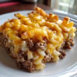 A close-up of a serving of Cheeseburger French Fry Casserole, showing ground beef, pasta, and melted cheddar cheese topping.