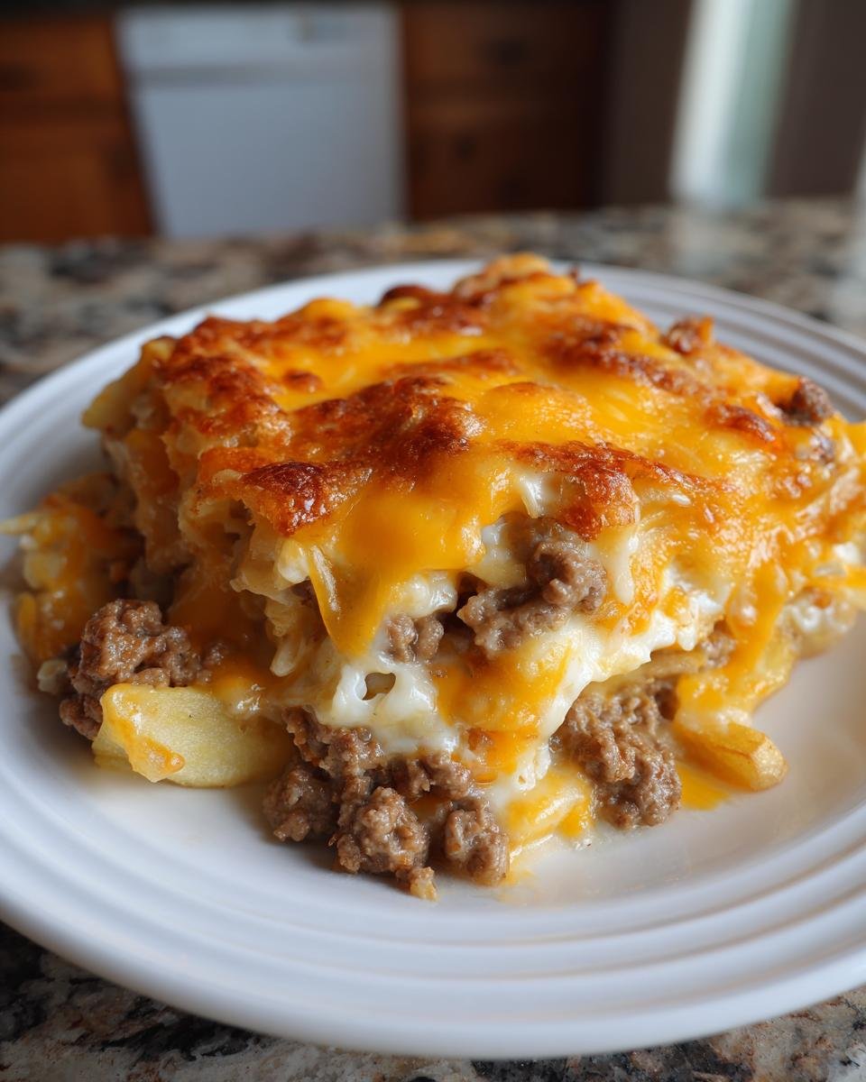 A generous serving of Cheeseburger French Fry Casserole featuring layers of ground beef, potatoes, and a thick, bubbly topping of melted cheddar cheese.