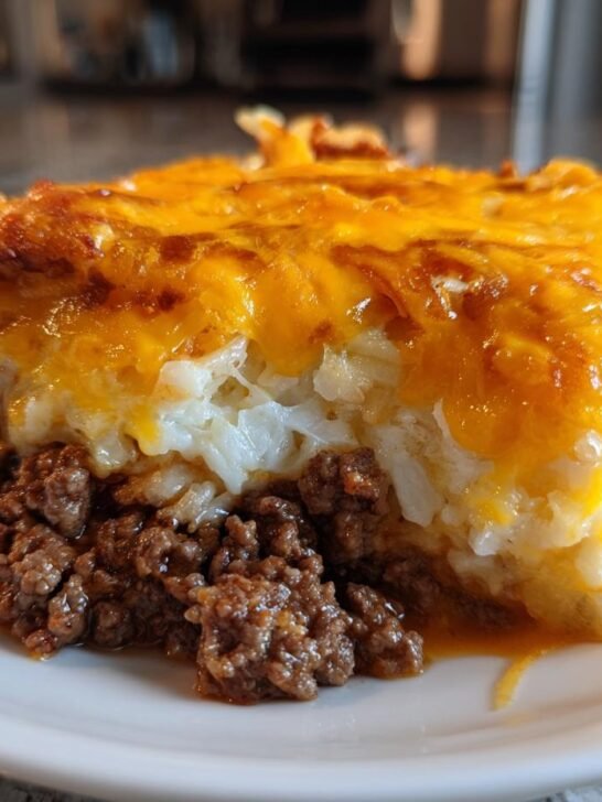 A close-up serving of Cheeseburger French Fry Casserole showing layers of ground beef, potatoes, and melted cheddar cheese.