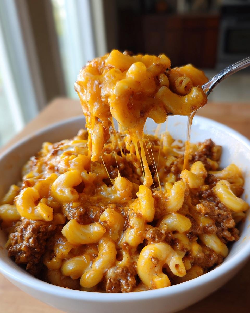 A spoonful of cheesy Cheeseburger Mac Comfort Bowl being lifted, showing long, gooey cheese strings stretching from the bowl.
