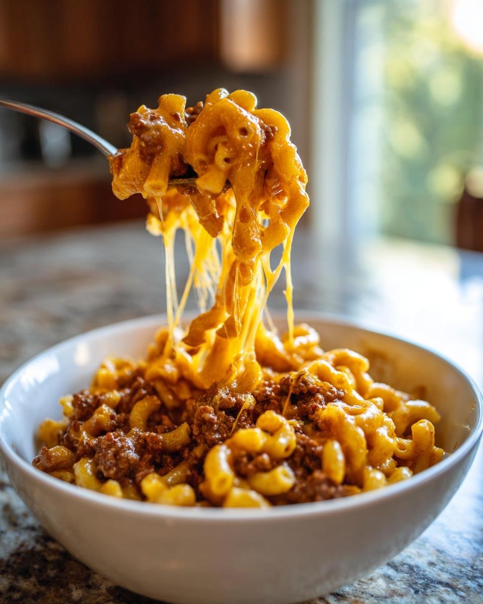A spoonful of cheesy Cheeseburger Mac Comfort Bowl lifted from a white bowl, showing long, stretchy cheese pulls.