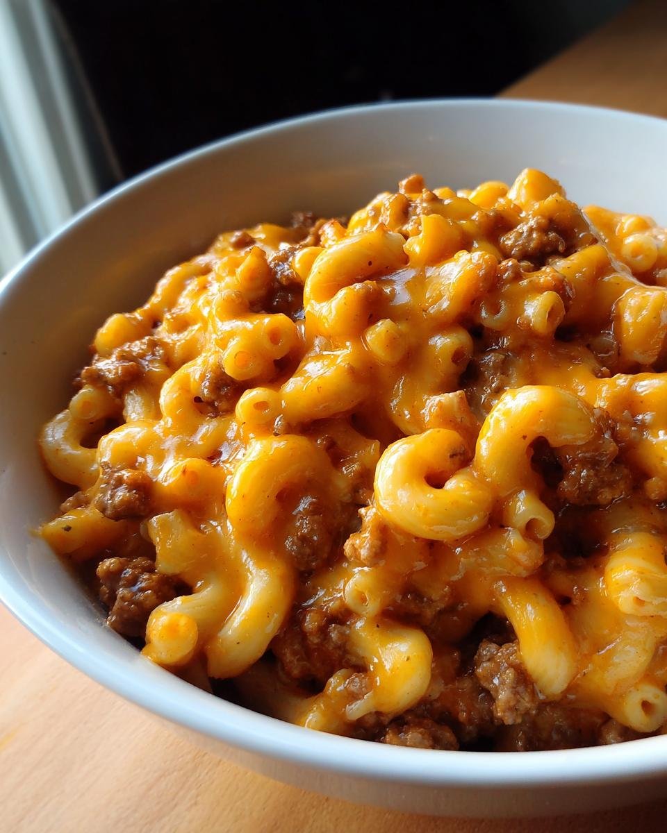 A close-up view of a hearty Cheeseburger Mac Comfort Bowl featuring elbow macaroni mixed with ground beef and melted cheddar cheese sauce.