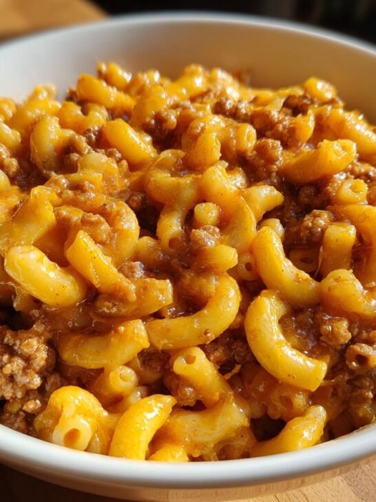A close-up view of a hearty Cheeseburger Mac Comfort Bowl featuring elbow macaroni mixed with seasoned ground beef and melted cheese sauce.