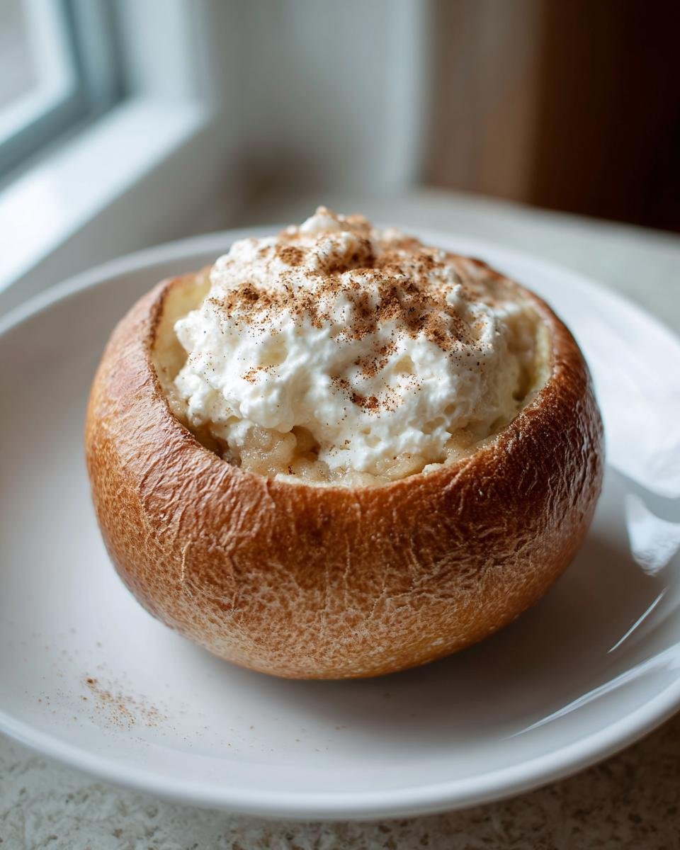 A single Cheesecake Stuffed Baked Apples served in a white bowl, topped with creamy filling and sprinkled cinnamon.