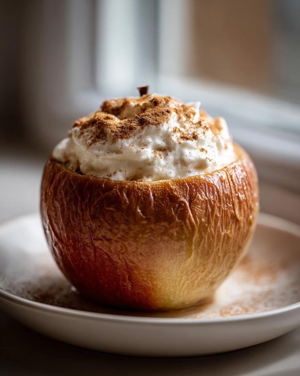 A single baked apple filled with creamy cheesecake mixture and dusted heavily with cinnamon, a perfect Cheesecake Stuffed Baked Apples dessert.