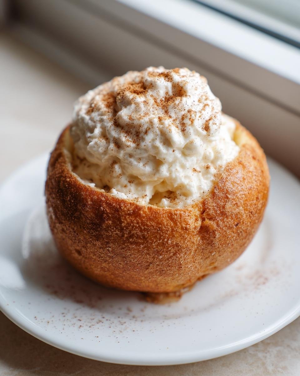 A single Cheesecake Stuffed Baked Apple, baked golden brown and topped with a generous swirl of cream and cinnamon.