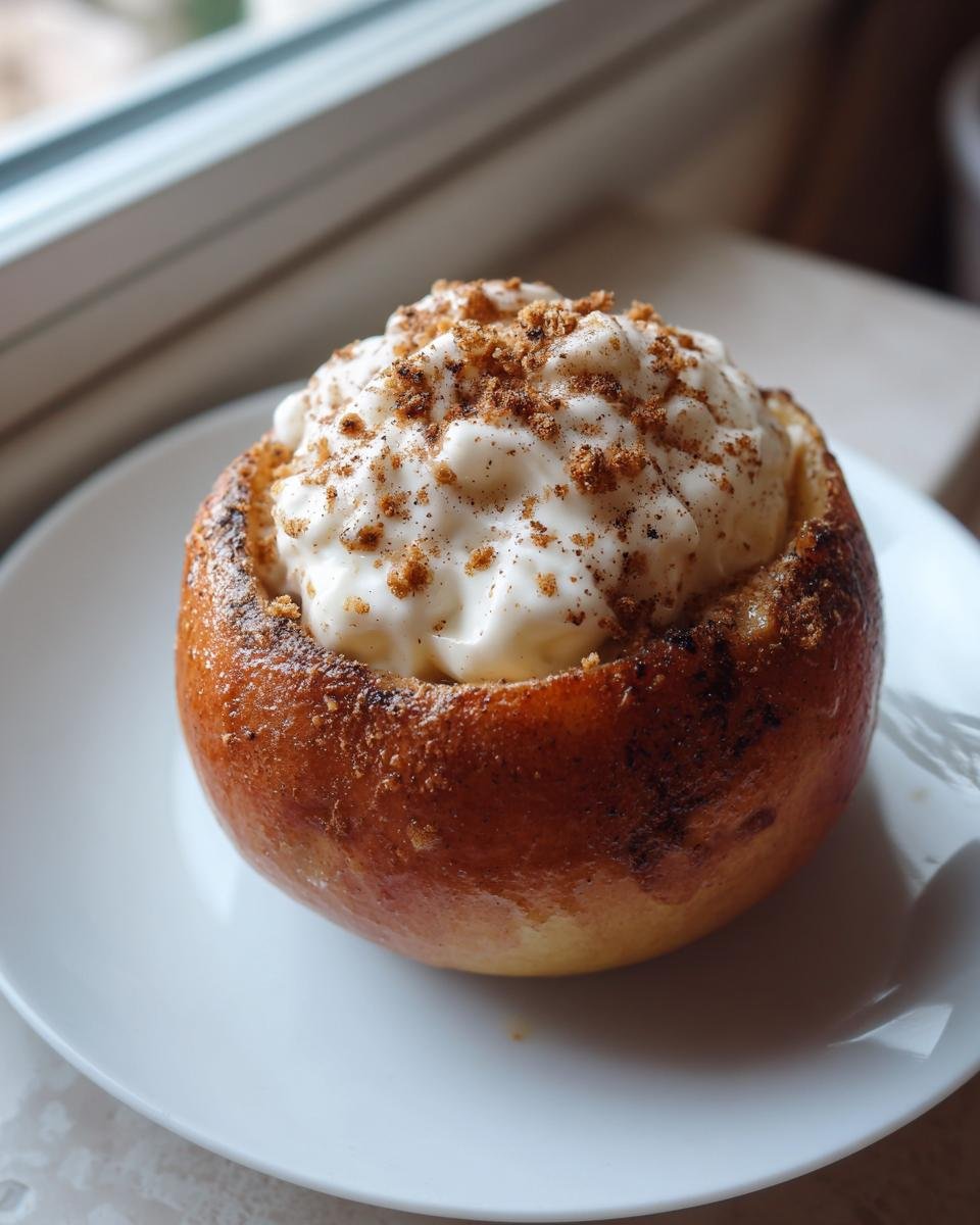 A single baked apple filled with creamy cheesecake mixture and topped with brown sugar, representing Cheesecake Stuffed Baked Apples.