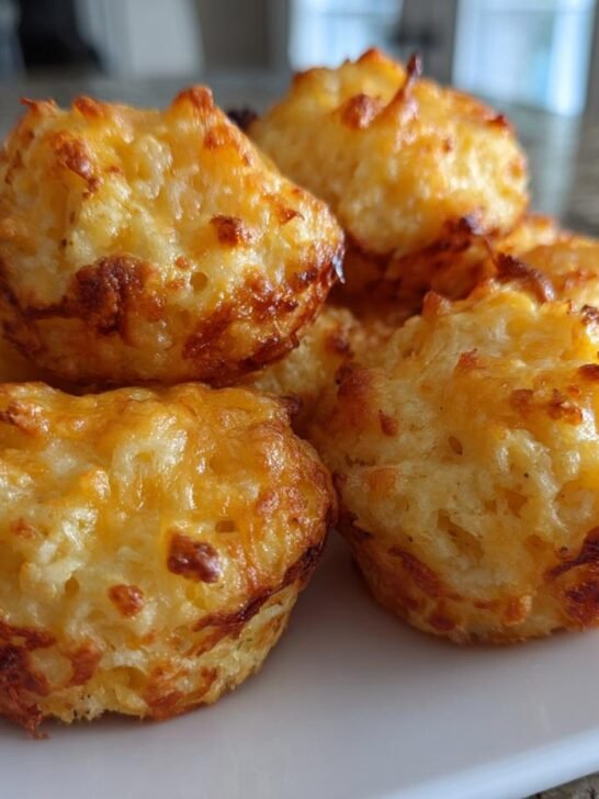 A close-up of several golden brown Cheesy Baked Cauliflower Tots piled on a white rectangular plate.