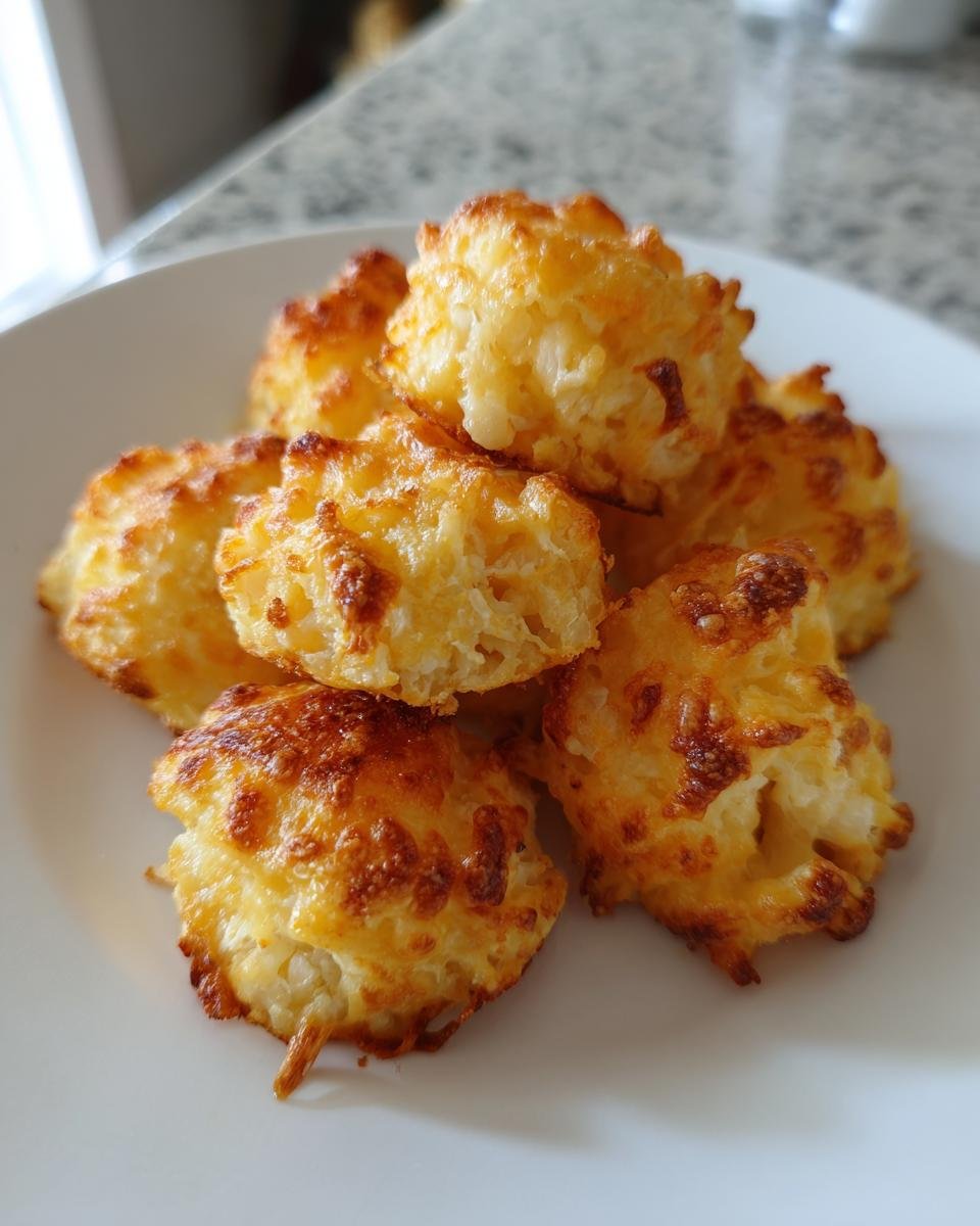 A pile of golden-brown Cheesy Baked Cauliflower Tots with crispy, melted cheese topping on a white plate.