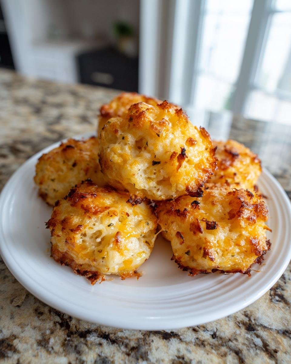 A stack of five golden brown Cheesy Baked Cauliflower Tots piled on a small white plate.