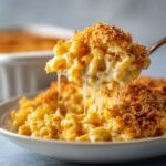 A spoonful of creamy Baked Mac And Cheese showing long cheese pulls, topped with a golden brown breadcrumb crust.