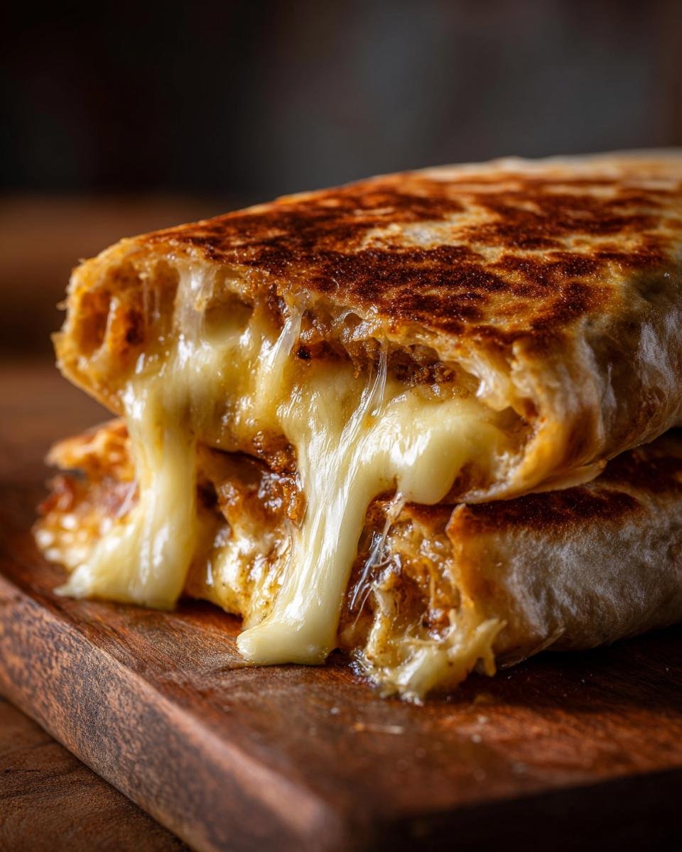 Close-up of a Cheesy Grilled Cheese Burrito cut in half, showing melted cheese stretching out.