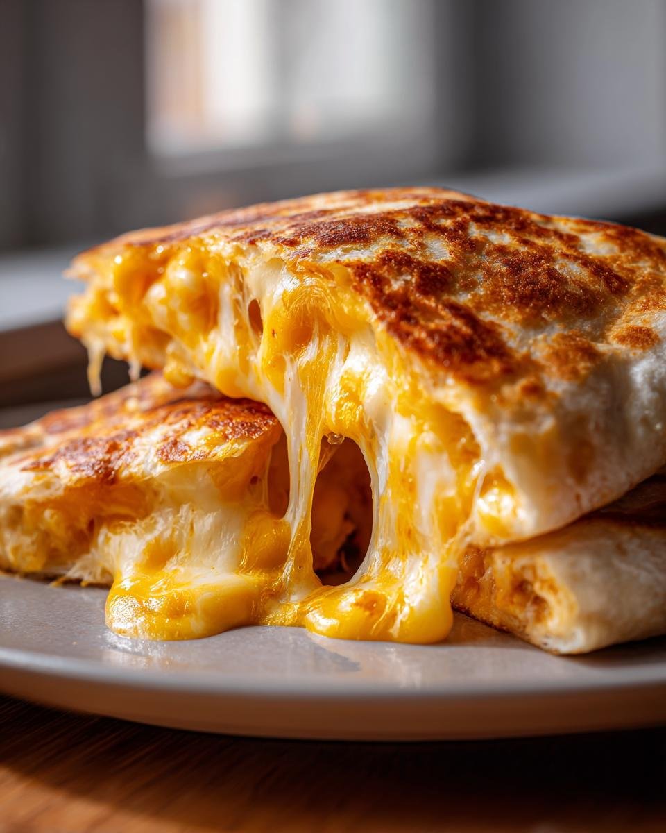 Close-up of a Cheesy Grilled Cheese Burrito cut in half showing extreme, gooey, melted cheese stretching out.