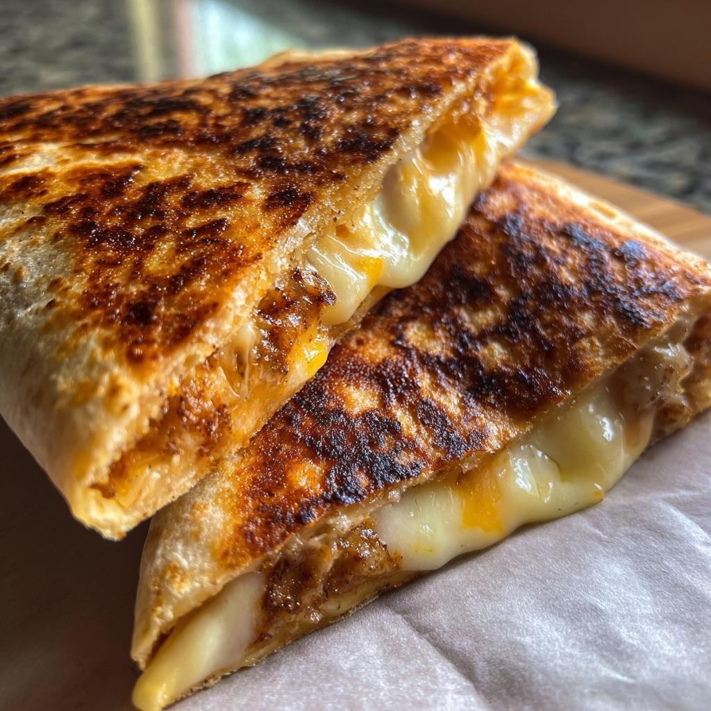 Close-up of a Cheesy Grilled Cheese Burrito cut in half, showing gooey melted cheese oozing out.