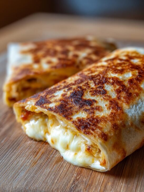 Close-up of a perfectly grilled Cheesy Grilled Cheese Burrito oozing melted white cheese on a wooden cutting board.