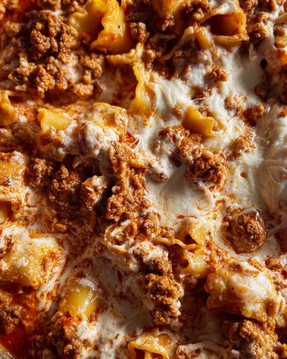 Extreme close-up of bubbling Lasagna Soup featuring ruffled pasta, rich meat sauce, and melted white cheese.