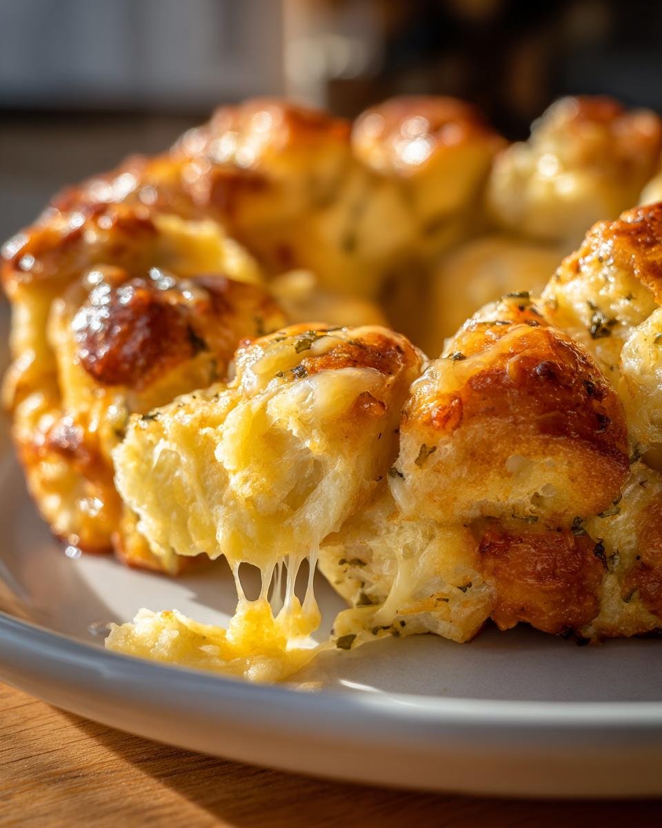 Close-up of cheesy Pizza Monkey Bread with melted cheese stretching as a piece is pulled away.