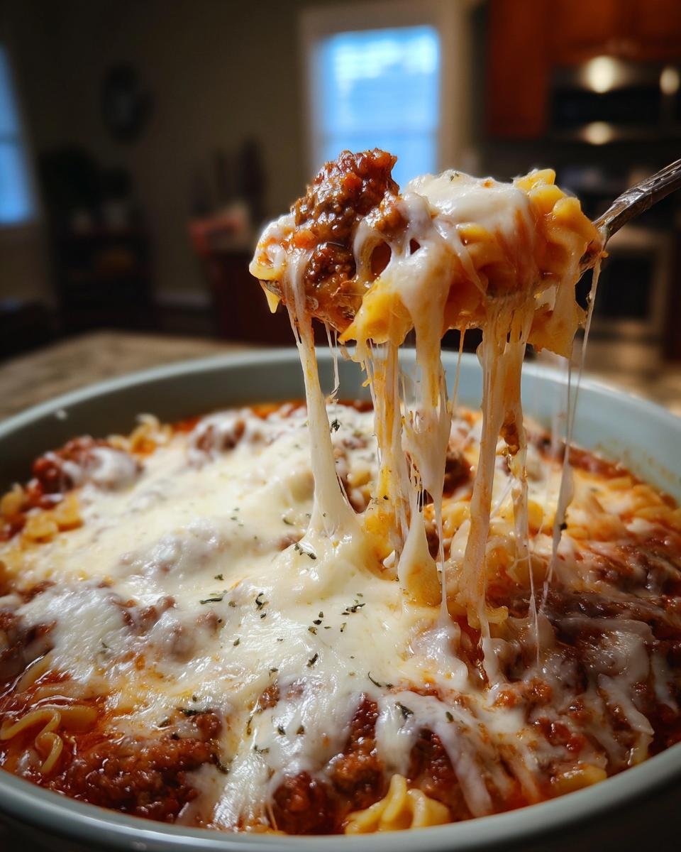 A spoonful of cheesy Lasagna Soup showing a dramatic cheese pull over the bowl.