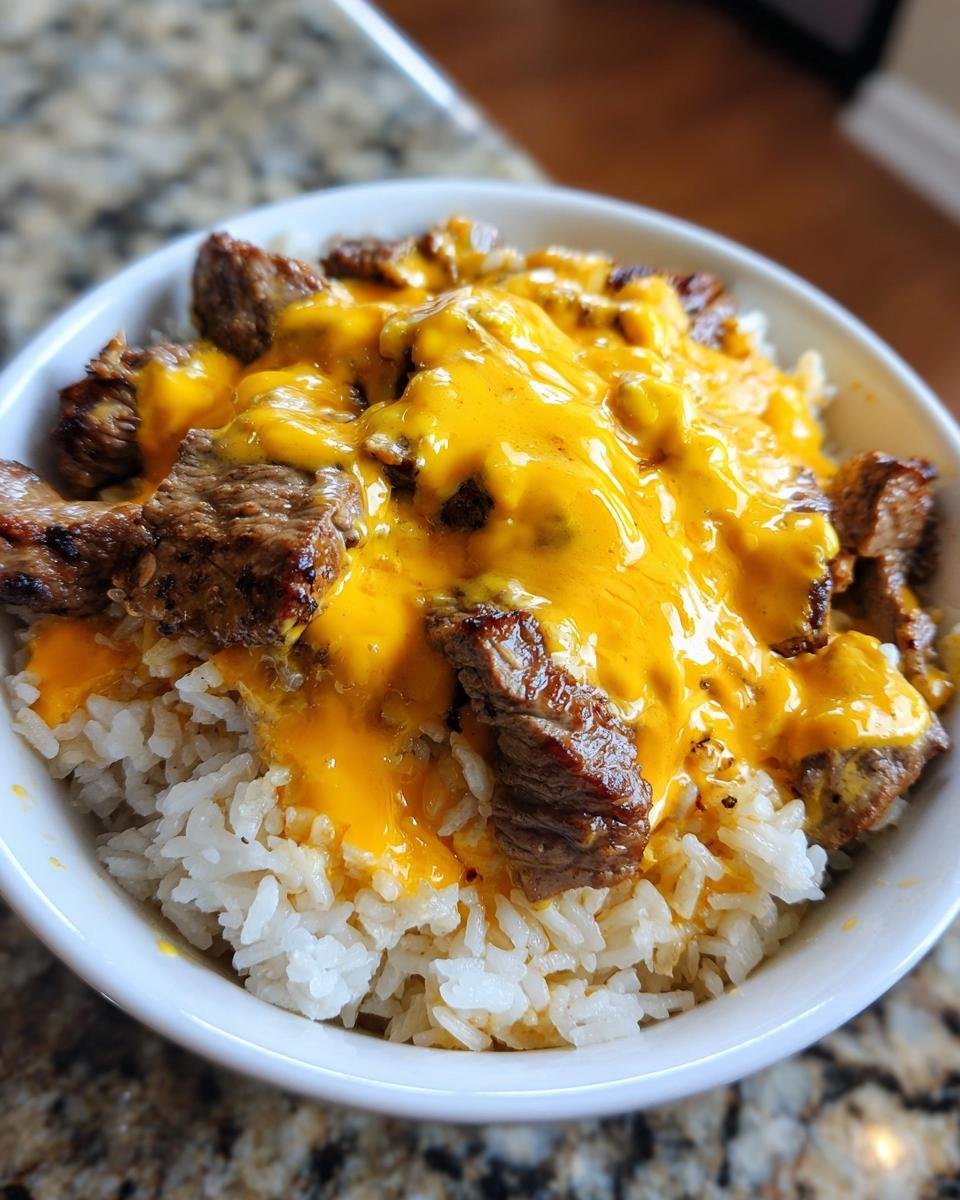 Close-up of a Cheesy Steak Queso Rice Bowl featuring white rice topped with grilled steak pieces and melted bright orange queso.