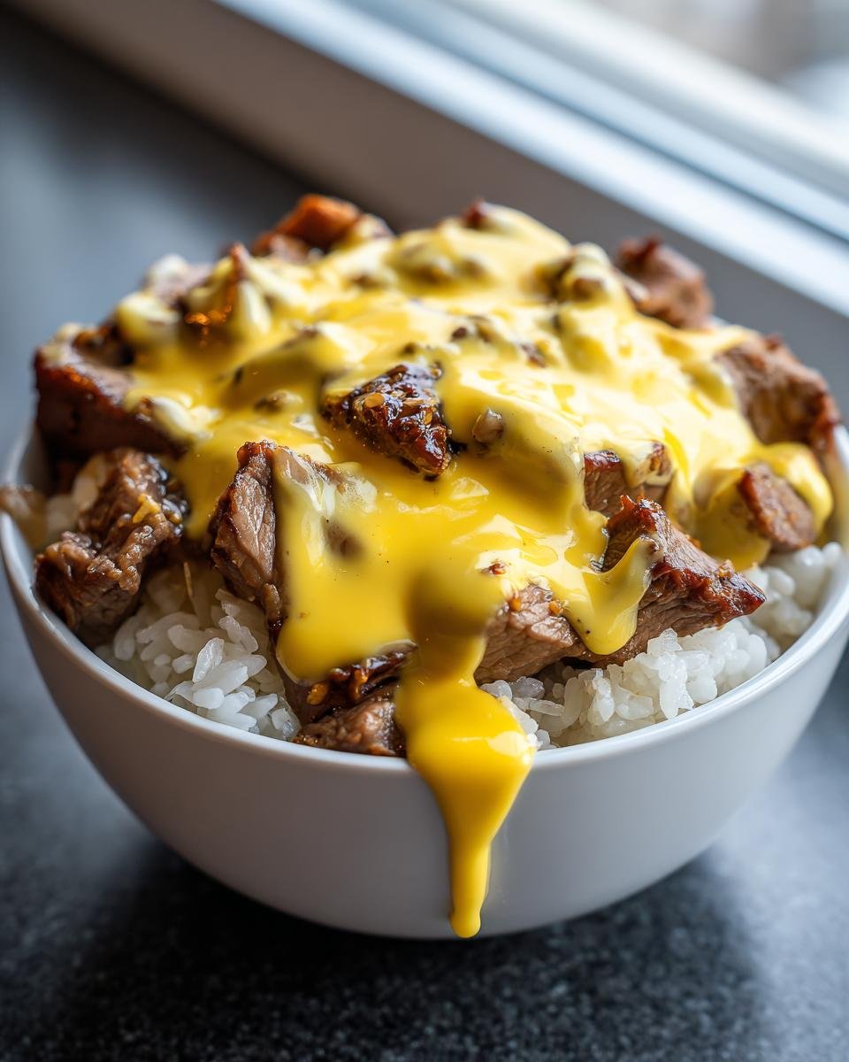 Close-up of a Cheesy Steak Queso Rice Bowl with steak pieces over white rice, smothered in bright yellow queso sauce.