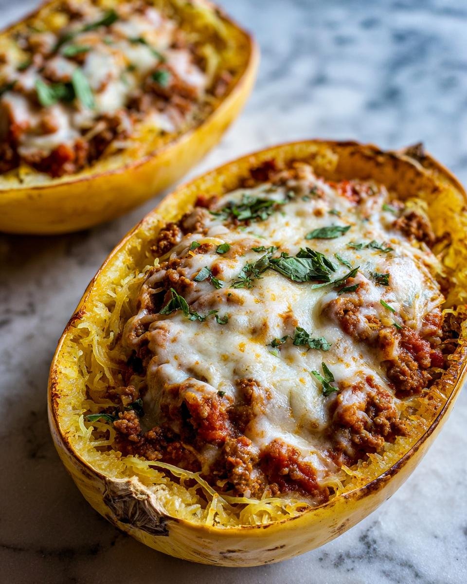 A close-up of a baked Stuffed Spaghetti Squash half filled with meat sauce and melted mozzarella cheese, garnished with herbs.