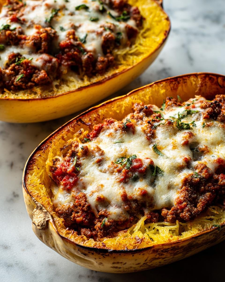Two halves of baked Stuffed Spaghetti Squash topped with meat sauce and melted mozzarella cheese.