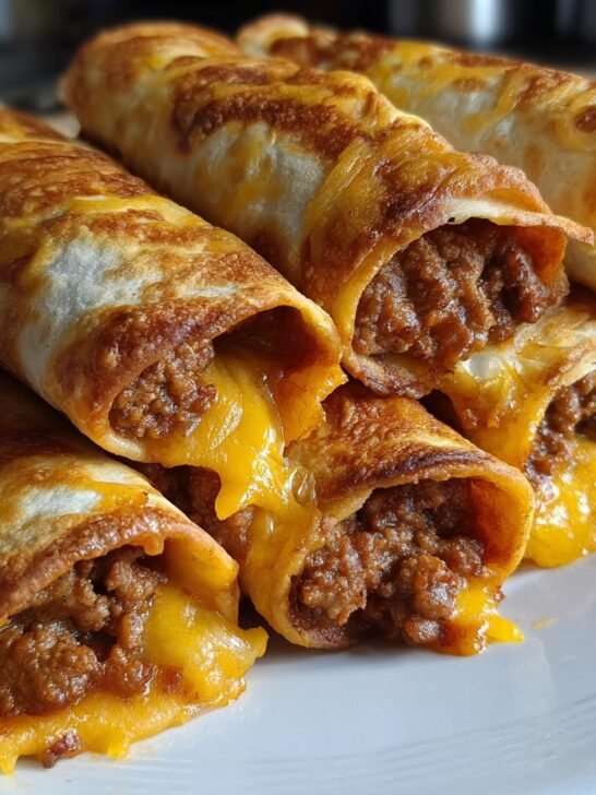 Close-up of several golden-brown Cheesy Taco Sticks Appetizer rolls filled with seasoned ground beef and melted cheddar cheese.
