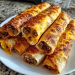 A pile of golden brown, crispy Cheesy Taco Sticks Appetizer filled with seasoned ground beef and melted cheese.