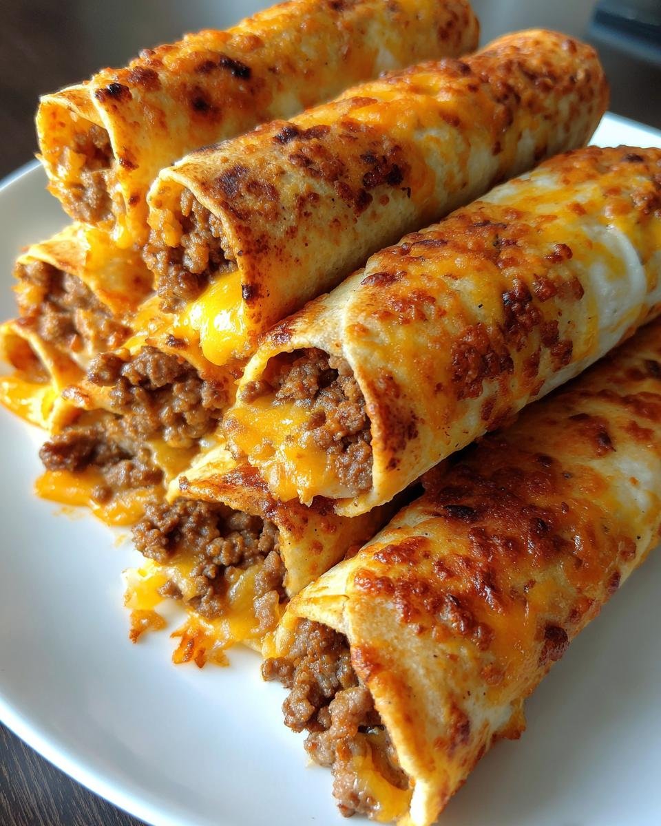 A stack of golden-brown Cheesy Taco Sticks Appetizer rolls filled with seasoned ground beef and melted cheddar cheese.