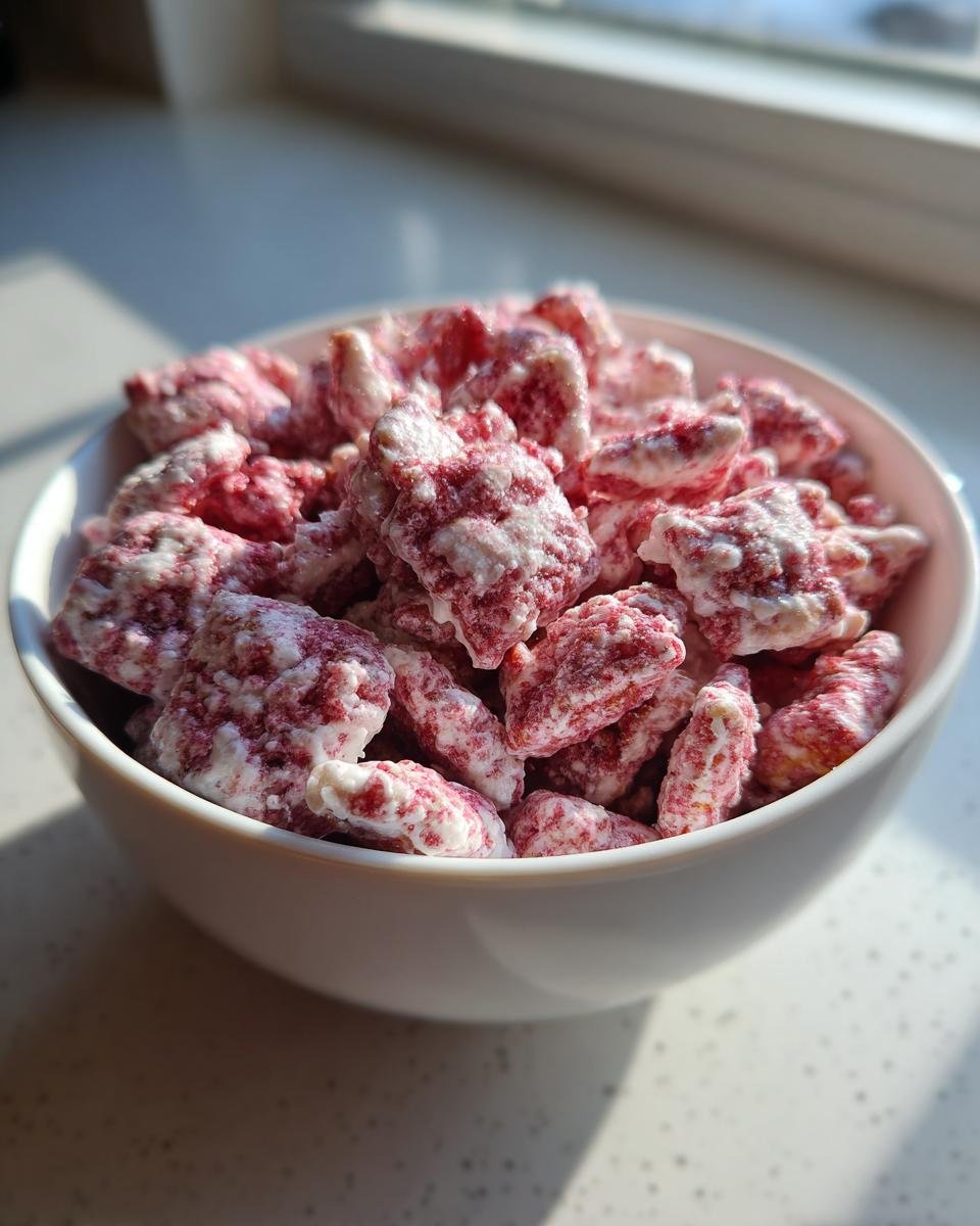 A white bowl filled with pink and white coated Cherry Cheesecake Puppy Chow, brightly lit by sunlight.