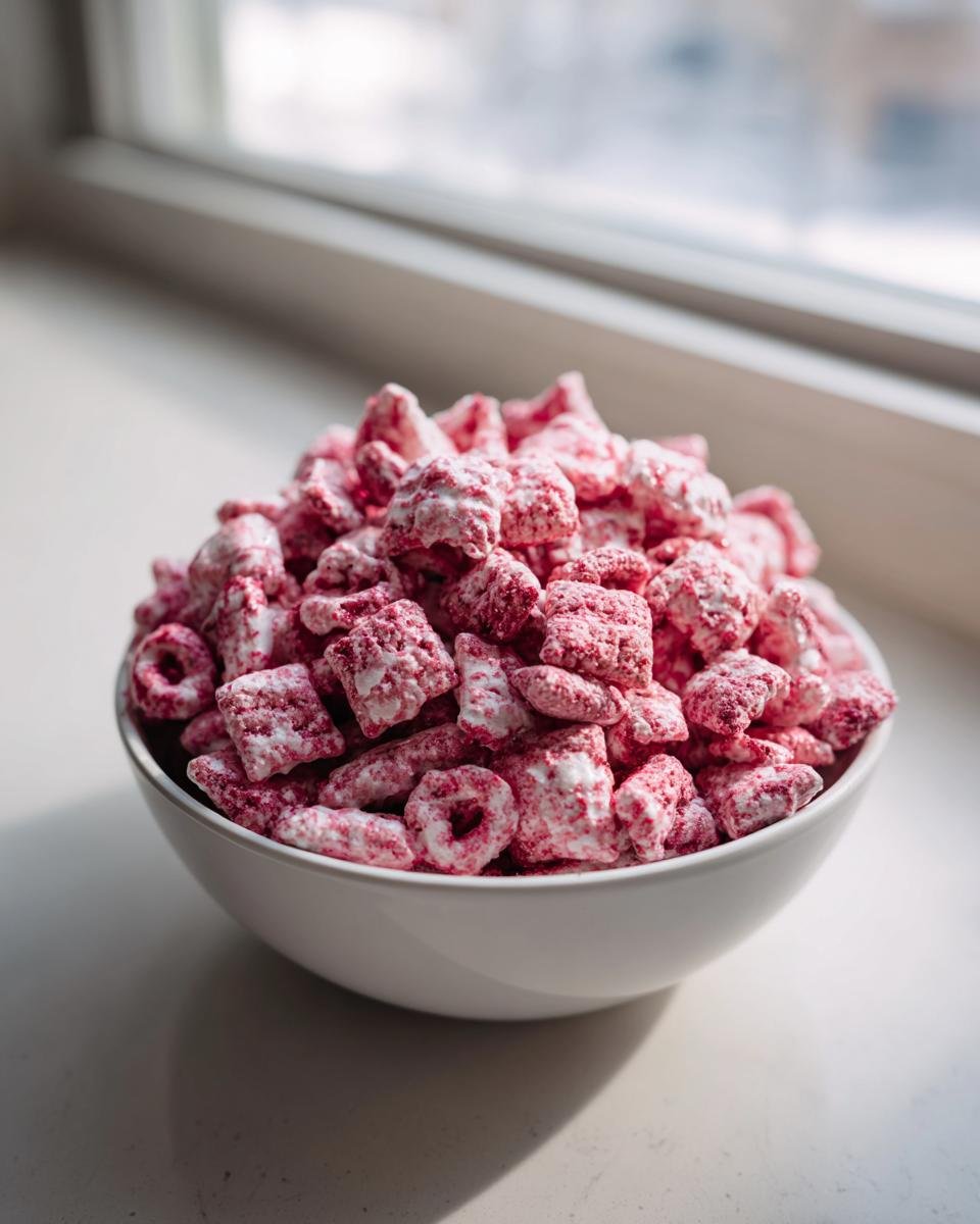 A white bowl filled with bright pink and white coated Cherry Cheesecake Puppy Chow snack mix, sitting on a windowsill.