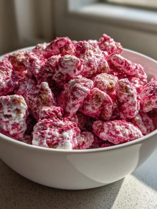 A white bowl filled with bright pink and white coated Cherry Cheesecake Puppy Chow snack mix, sitting near a window.
