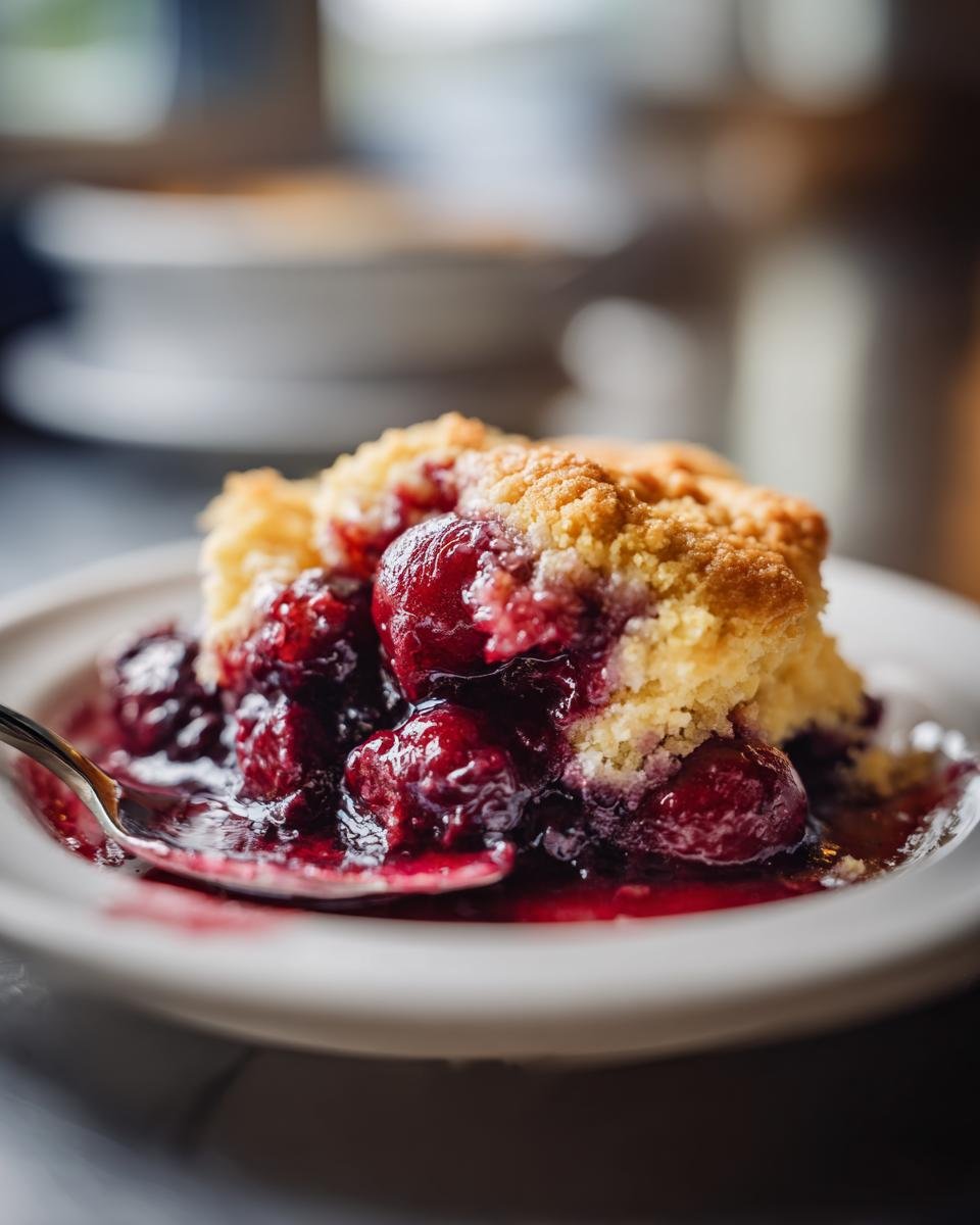 A spoonful of warm Cherry Cobbler With Cake Mix, featuring juicy cherries and a golden cake topping.