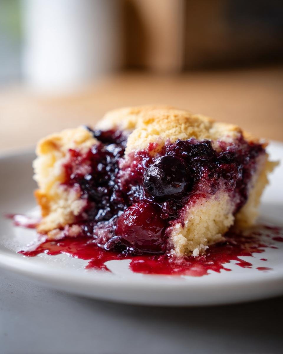 Close-up of a warm slice of Cherry Cobbler With Cake Mix, showing gooey cherry filling spilling onto a white plate.