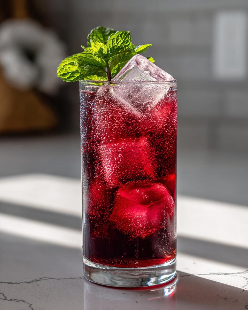 A tall glass of bubbly, deep red Cherry Iced Tea filled with ice cubes and garnished with fresh mint.