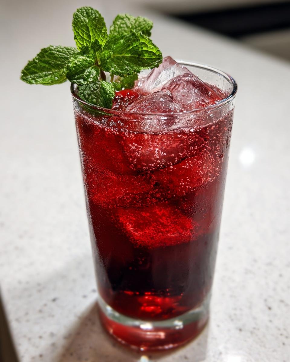 A tall glass filled with vibrant red Cherry Iced Tea, ice cubes, and garnished with fresh mint.