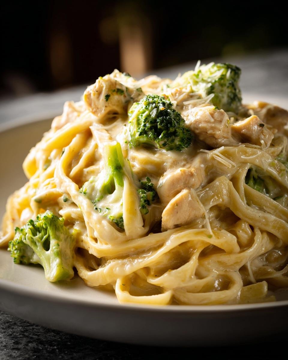 Close-up of fettuccine pasta coated in creamy sauce with chunks of chicken and bright green broccoli florets, part of Chicken Alfredo With Broccoli.