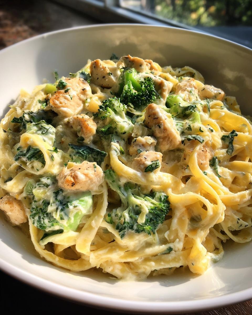 Close-up of fettuccine pasta coated in creamy sauce with chunks of chicken and bright green broccoli florets, part of the Chicken Alfredo With Broccoli.