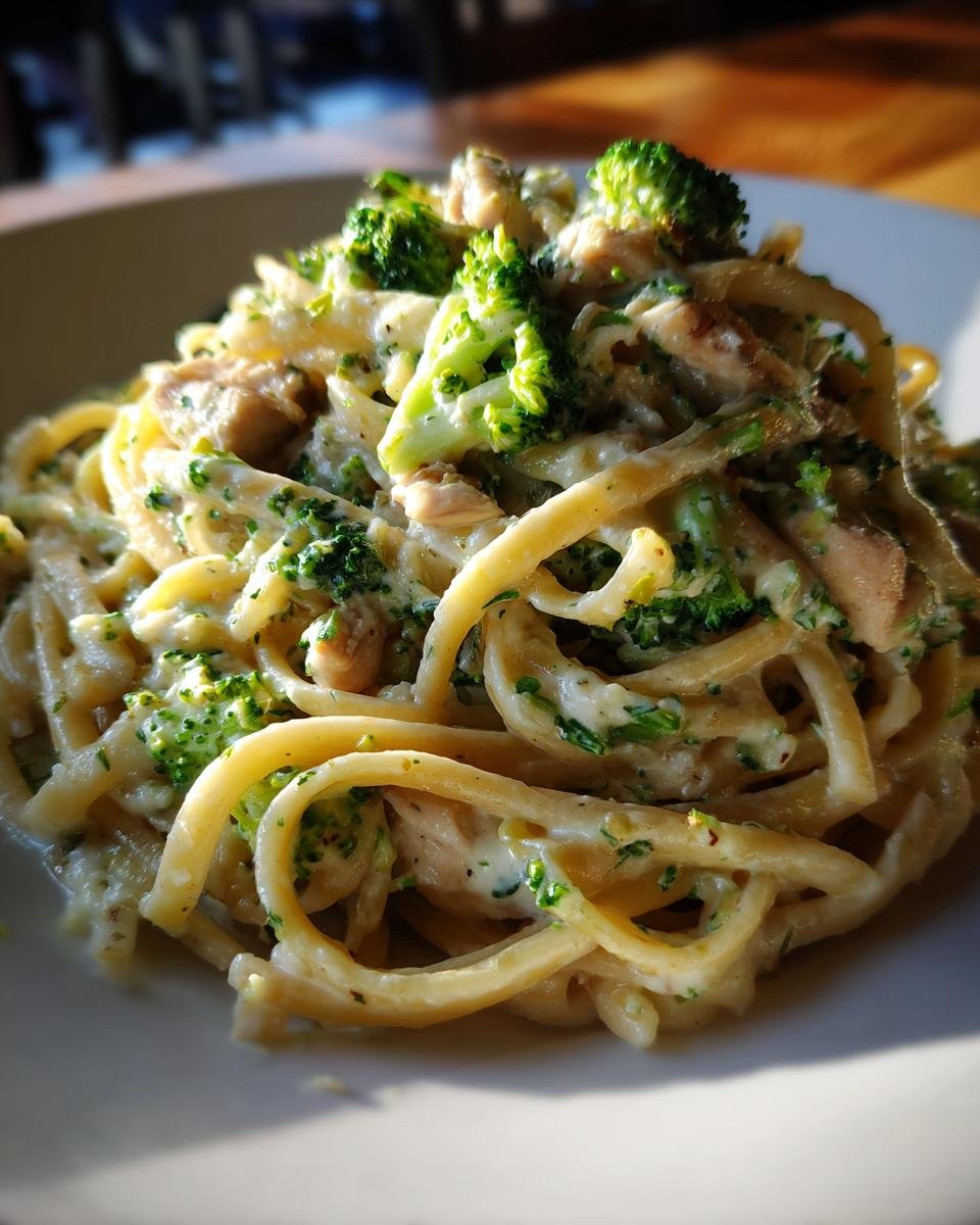 A close-up, appetizing serving of creamy Chicken Alfredo With Broccoli tossed with linguine pasta on a white plate.
