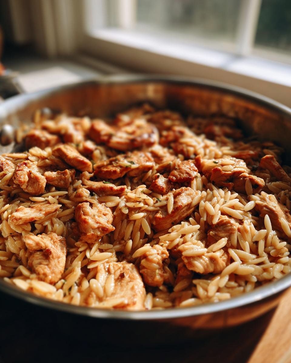 Close-up of savory Chicken And Orzo mixed together in a stainless steel skillet near a bright window.