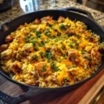 Close-up of a skillet filled with cheesy Chicken And Rice Taco Skillet topped with melted cheddar and fresh parsley.