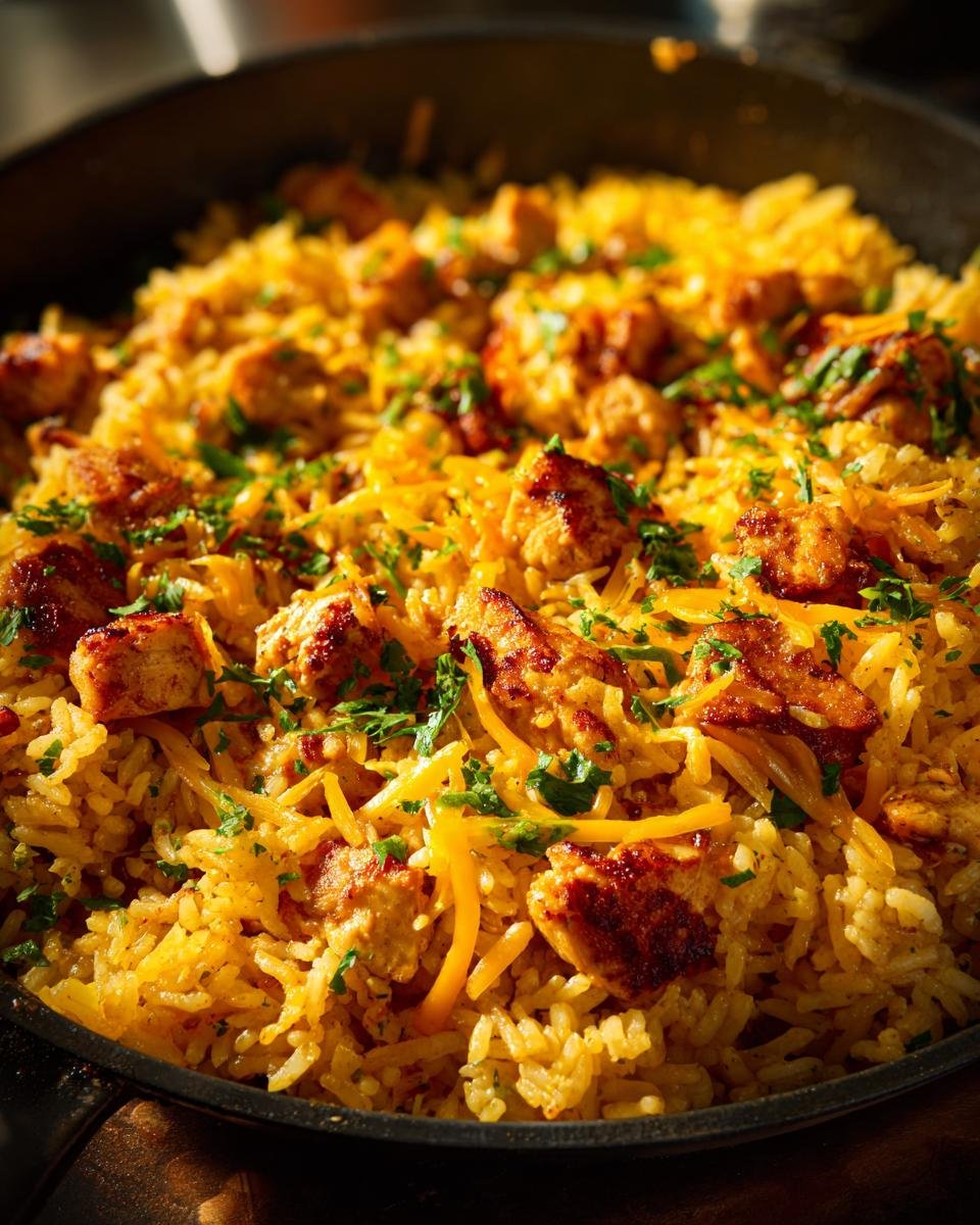 Close-up of savory Chicken And Rice Taco Skillet Recipe, featuring seasoned chicken pieces, yellow rice, melted cheddar cheese, and fresh parsley.